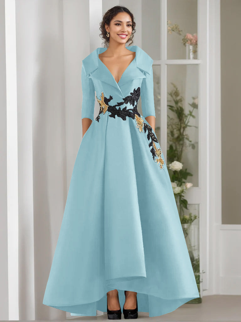 V-Neck A-Line Princess Floor-Length Mother of the Bride Dress with 3/4 Sleeves Appliques and Beading