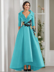 V-Neck A-Line Princess Floor-Length Mother of the Bride Dress with 3/4 Sleeves Appliques and Beading