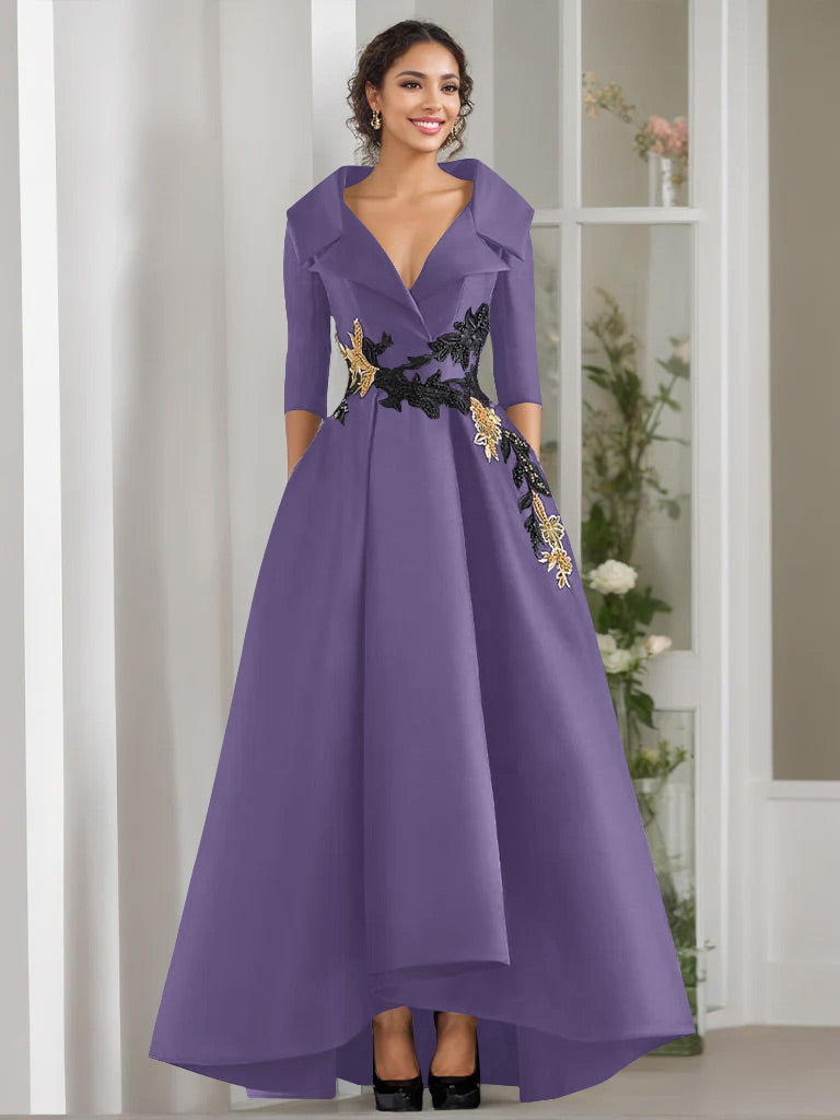 V-Neck A-Line Princess Floor-Length Mother of the Bride Dress with 3/4 Sleeves Appliques and Beading