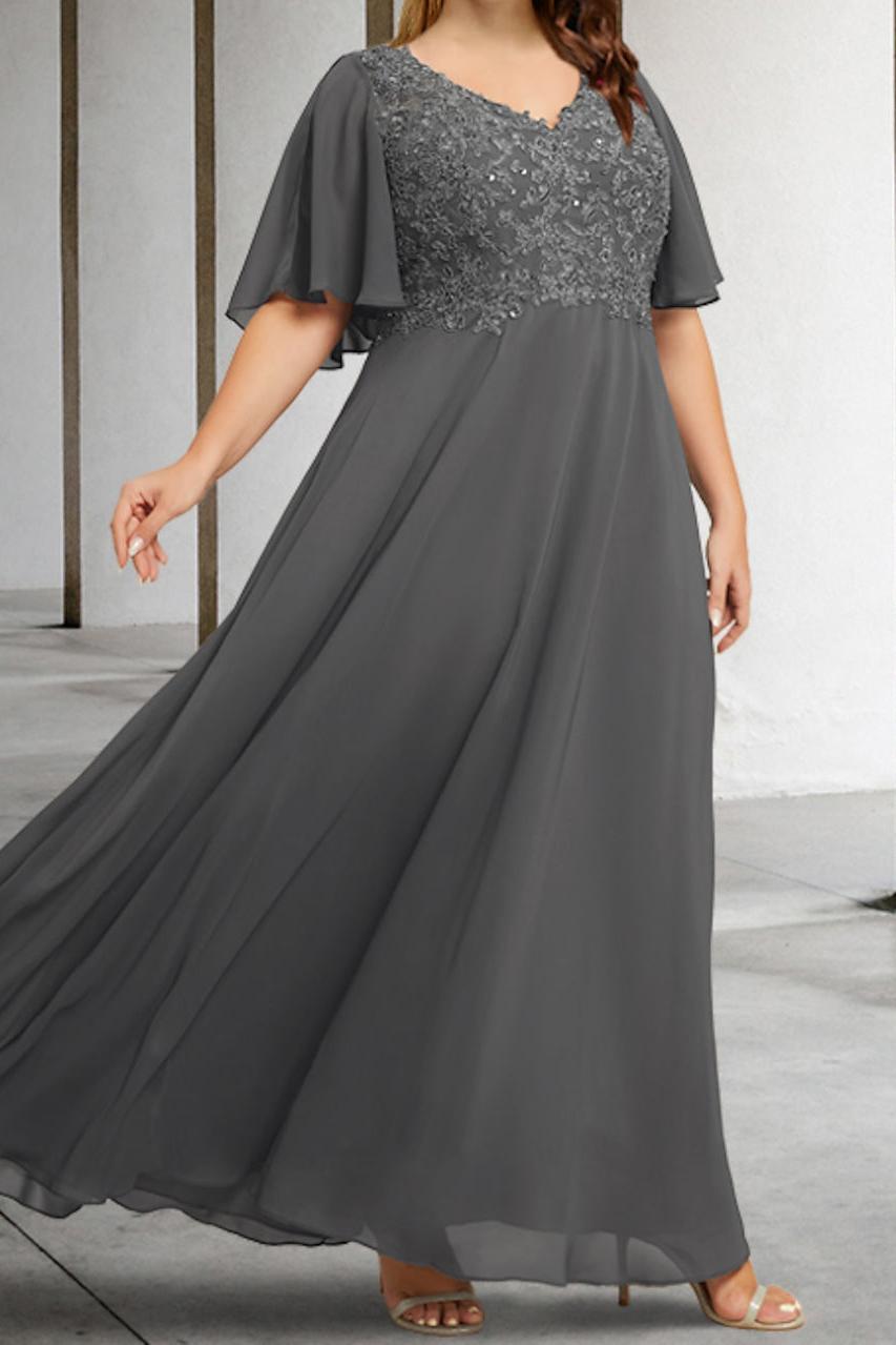 V-Neck A-Line Princess Floor-Length Mother of the Bride Dress with Applique and Half Sleeves