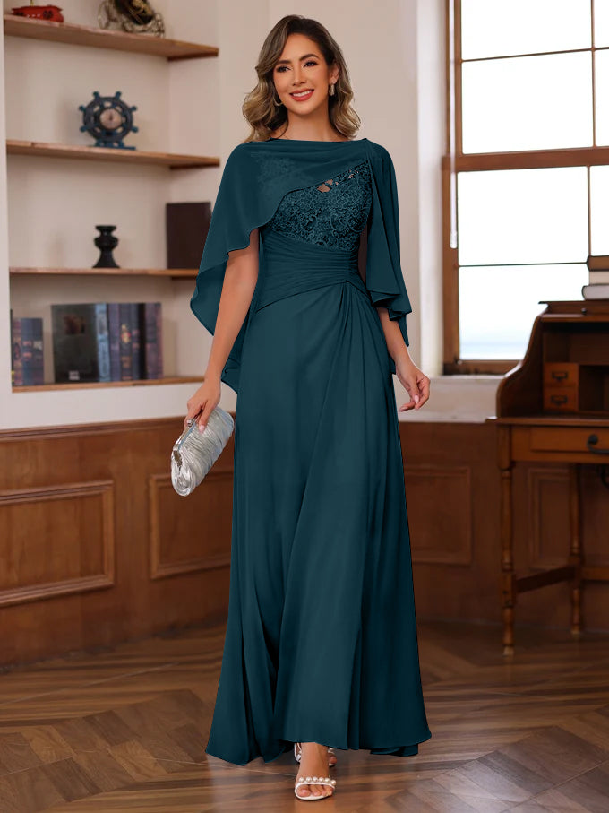 V-Neck A-Line Princess Floor-Length Mother of the Bride Dress with Appliques Ruffles & Wrap in 2 Pics