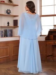 V-Neck A-Line Princess Floor-Length Mother of the Bride Dress with Appliques Ruffles & Wrap in 2 Pics