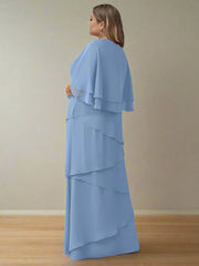 V-Neck A-Line Princess Floor-Length Mother of the Bride Dress with Half Sleeves and Ruffles in Regular & Plus Sizes