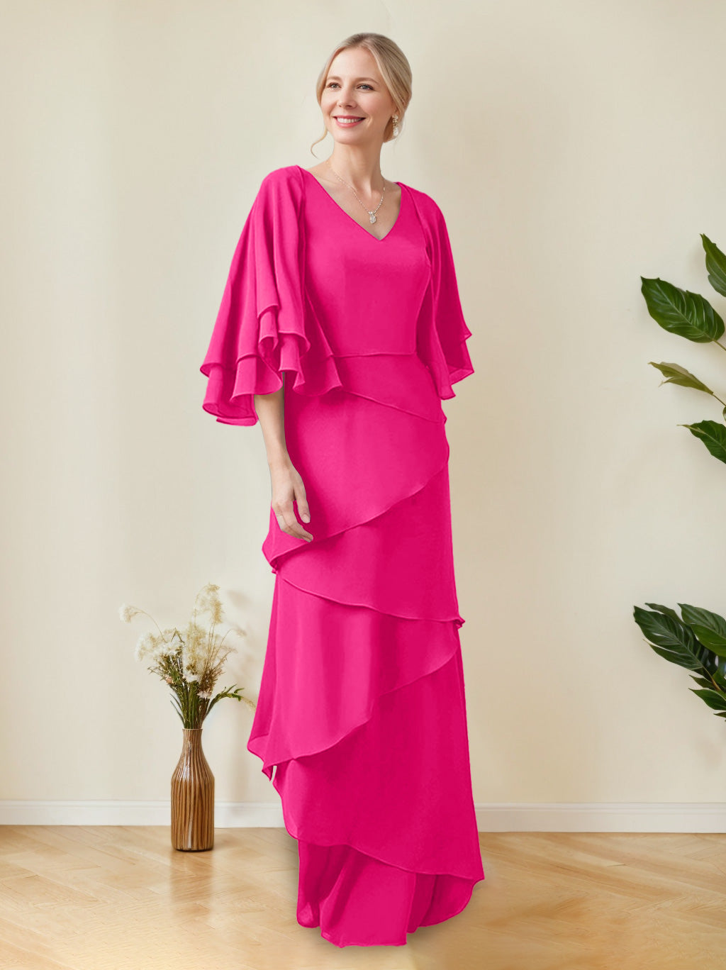 V-Neck A-Line Princess Floor-Length Mother of the Bride Dress with Half Sleeves and Ruffles in Regular & Plus Sizes
