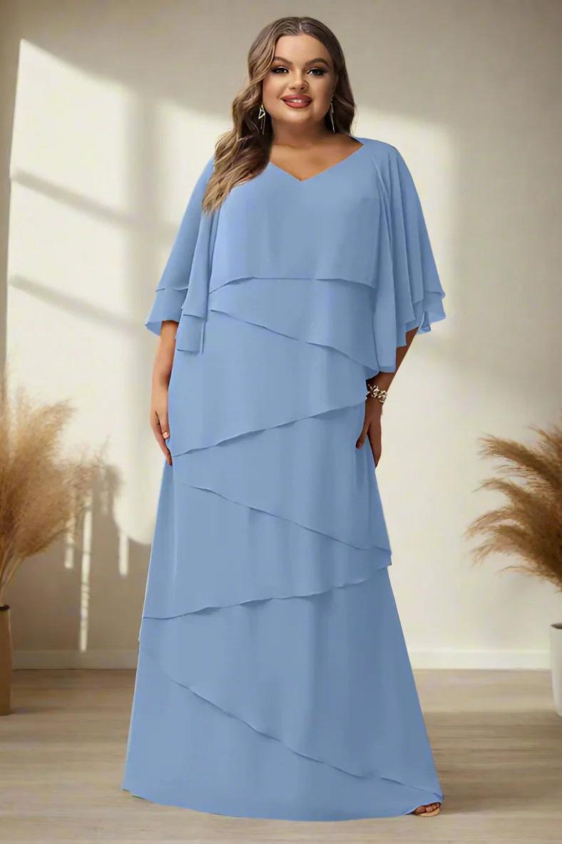 V-Neck A-Line Princess Floor-Length Mother of the Bride Dress with Half Sleeves and Ruffles in Regular & Plus Sizes