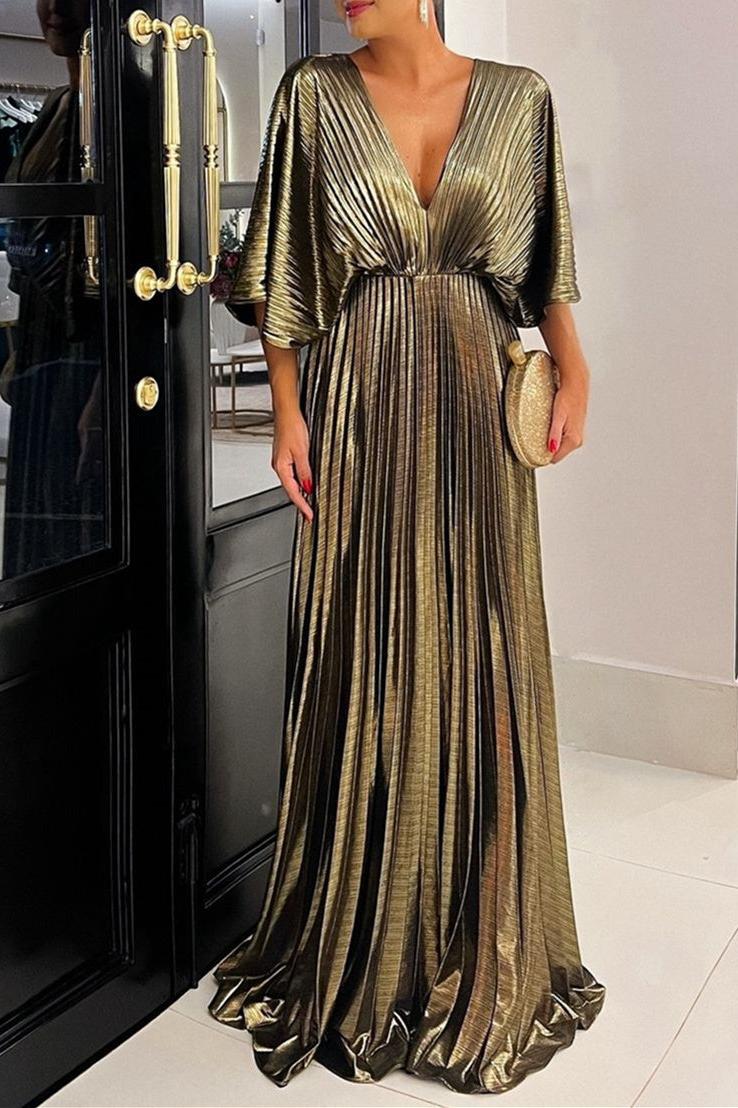 V-Neck A-Line Princess Floor-Length Mother of the Bride Dress with Ruched Detail and Half Sleeves