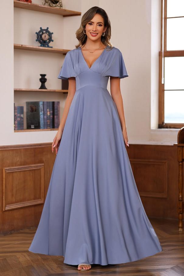 V-Neck A-Line Princess Floor-Length Mother of the Bride Dress with Short Sleeves and Ruffles
