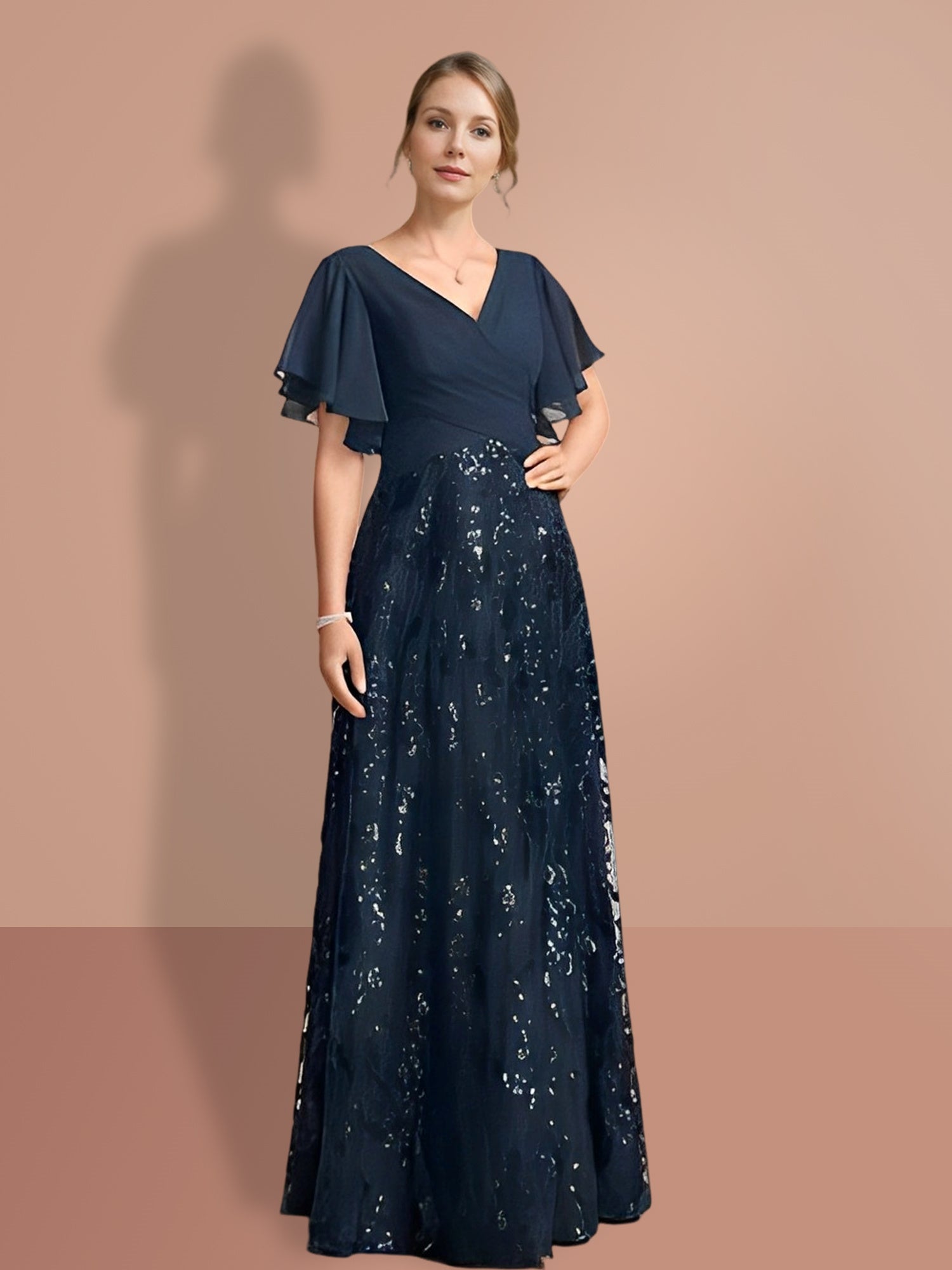 V-Neck A-Line Princess Floor-Length Mother of the Bride Dress with Short Sleeves and Sequins