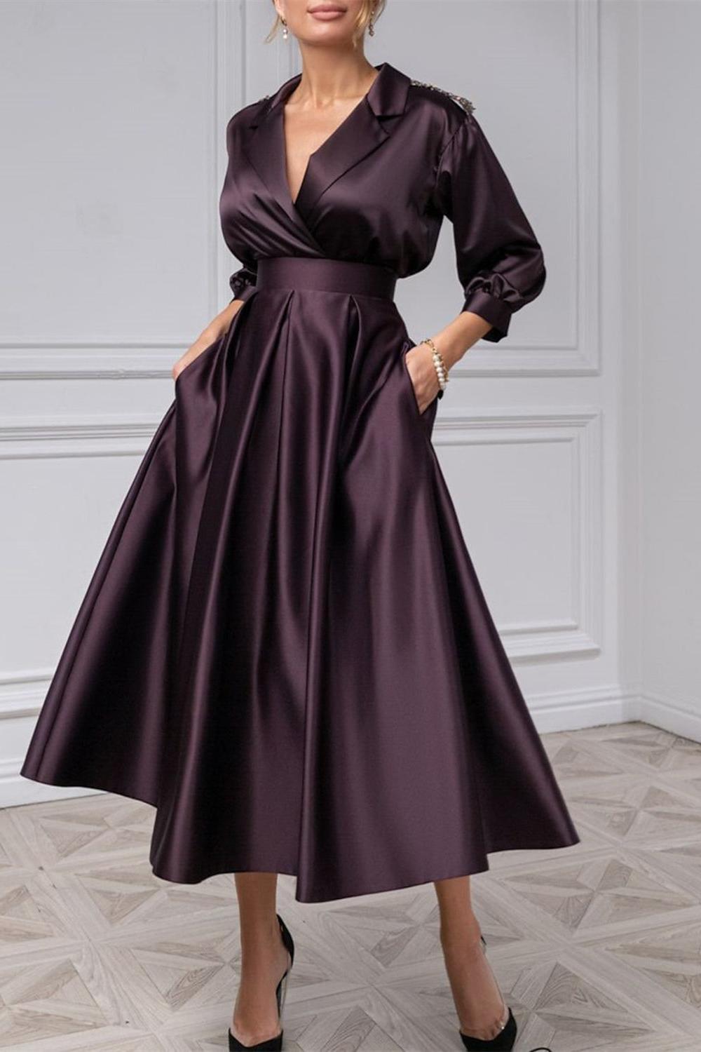 V-Neck A-Line Princess Gown with 3/4 Sleeves and Beading for the Mother of the Bride