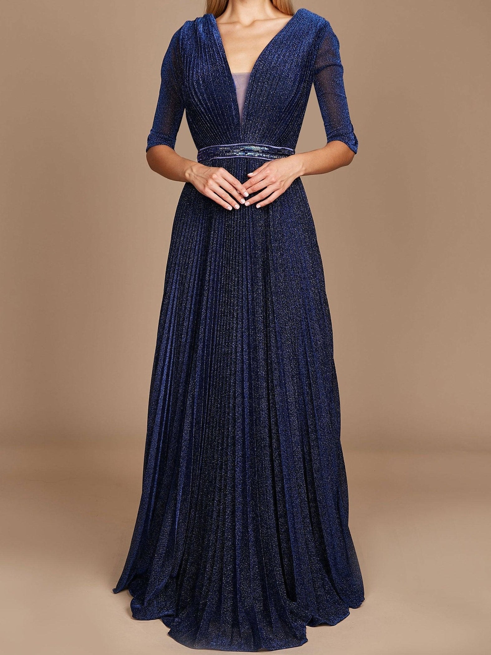 V-Neck A-Line Princess Gown with 3/4 Sleeves for the Mother of the Bride