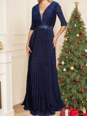 V-Neck A-Line Princess Gown with 3/4 Sleeves for the Mother of the Bride