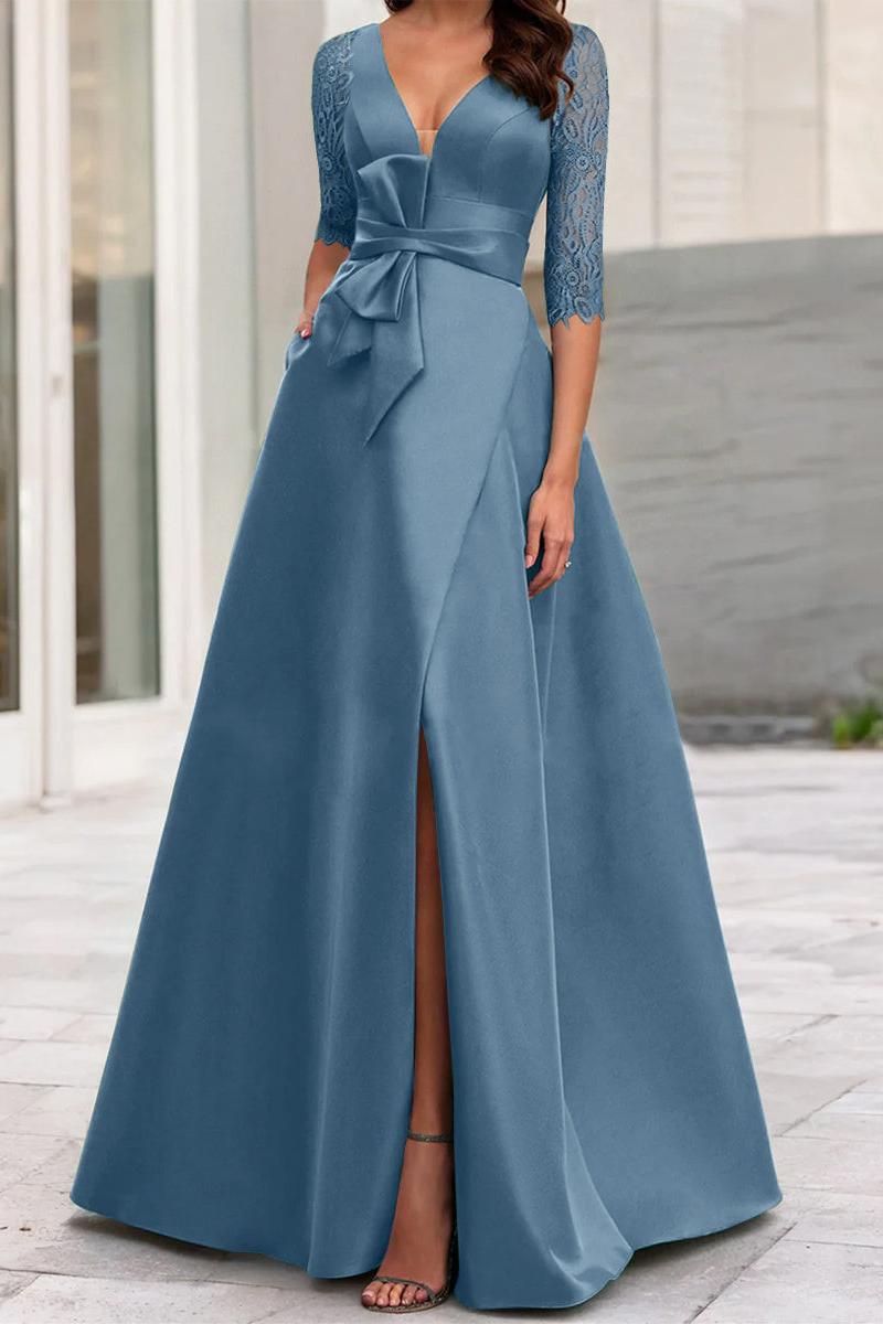 V-Neck A-Line Princess Mother of the Bride Dress with Side Split and Half Sleeves