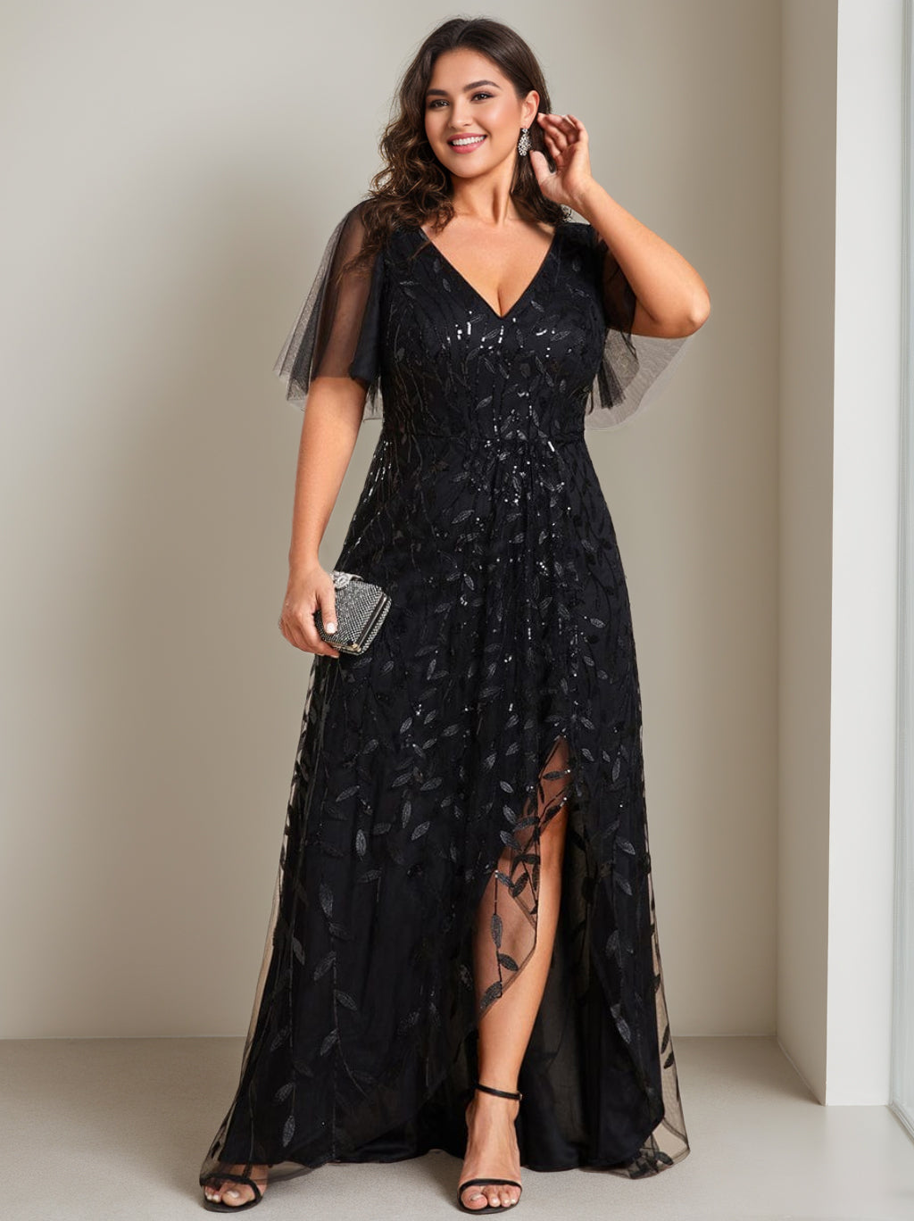 V-Neck A-Line Princess Short Sleeve Asymmetrical Mother of the Bride Dress with Sequins