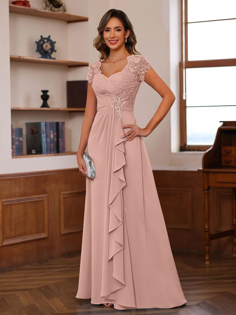 V-Neck A-Line Princess Short Sleeve Dress with Pleats Ruffles & Appliques for Mother of the Bride & Groom