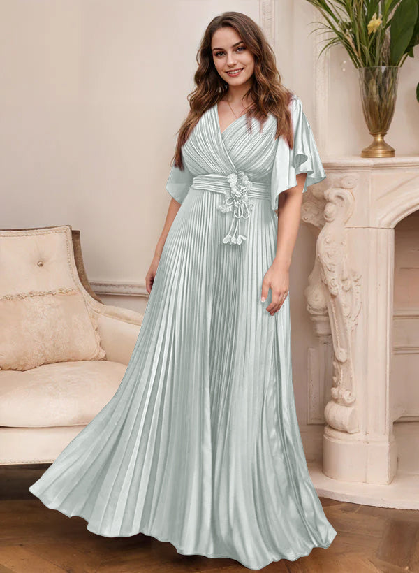 V-Neck A-Line Princess Short Sleeve Mother of the Bride Dress with Belt