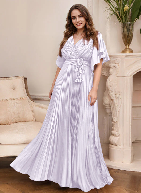 V-Neck A-Line Princess Short Sleeve Mother of the Bride Dress with Belt