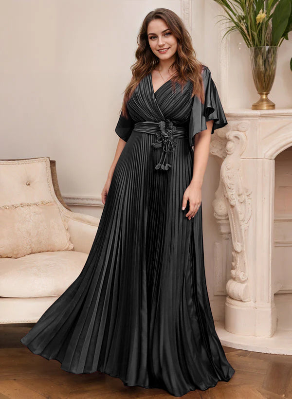 V-Neck A-Line Princess Short Sleeve Mother of the Bride Dress with Belt