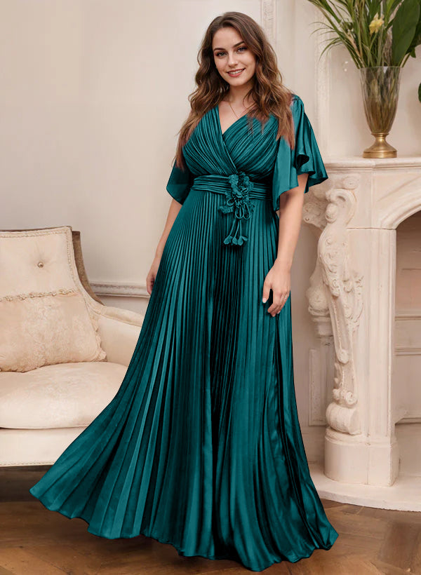 V-Neck A-Line Princess Short Sleeve Mother of the Bride Dress with Belt