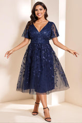 V-Neck A-Line Princess Tea-Length Dress for Mothers of the Bride and Groom