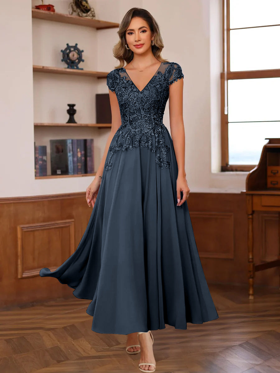 V-Neck A-Line Short Sleeve Ankle-Length Mother of the Bride Dress with Lace Appliques