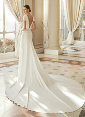 V Neck A Line Wedding Dress With Lace Short Sleeves Court Train Elastic Satin