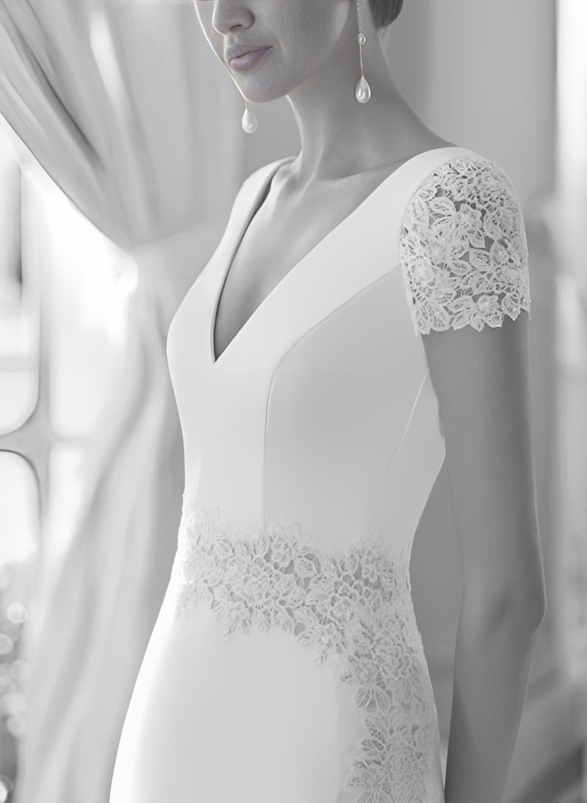 V Neck A Line Wedding Dress With Lace Short Sleeves Court Train Elastic Satin