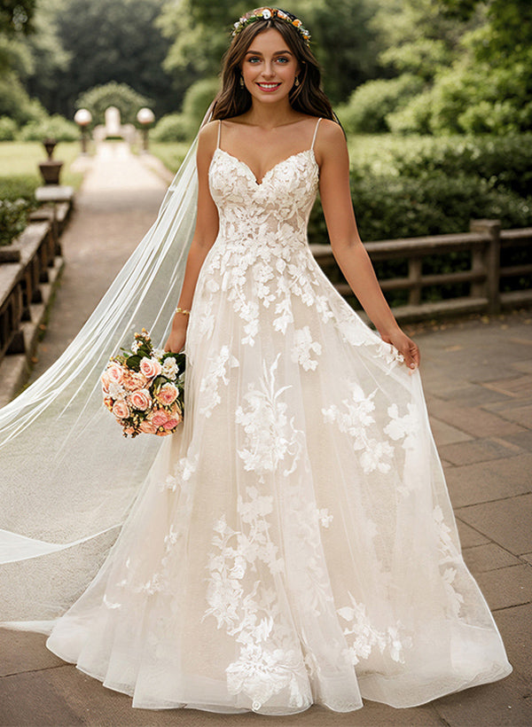 V Neck A Line/Princess Tulle Lace Wedding Dress With Appliques Lace