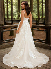 V Neck A Line/Princess Tulle Lace Wedding Dress With Appliques Lace