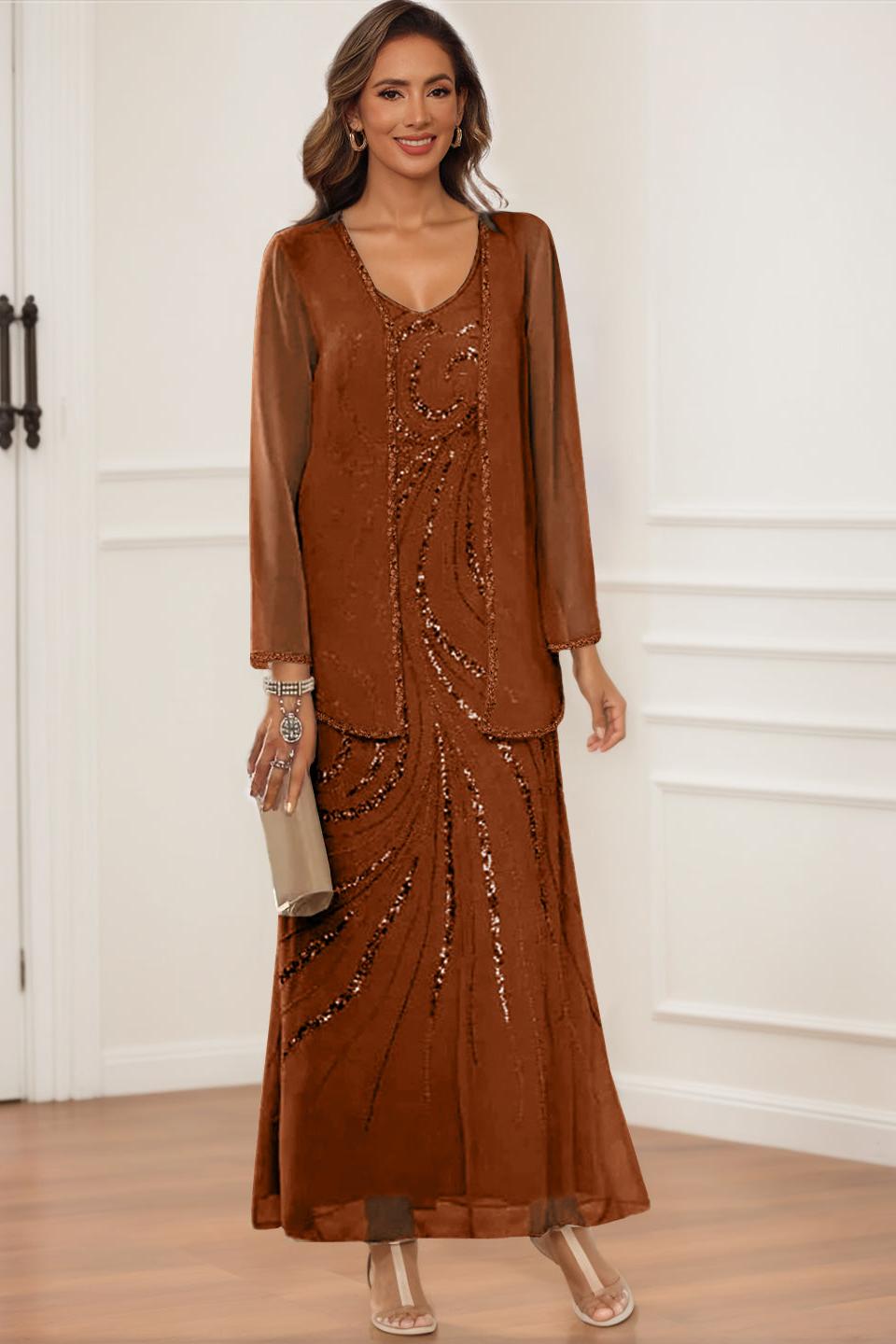 V-Neck Ankle-Length Sheath/Column Dress with Jacket & Sequins for Mothers of the Bride & Groom