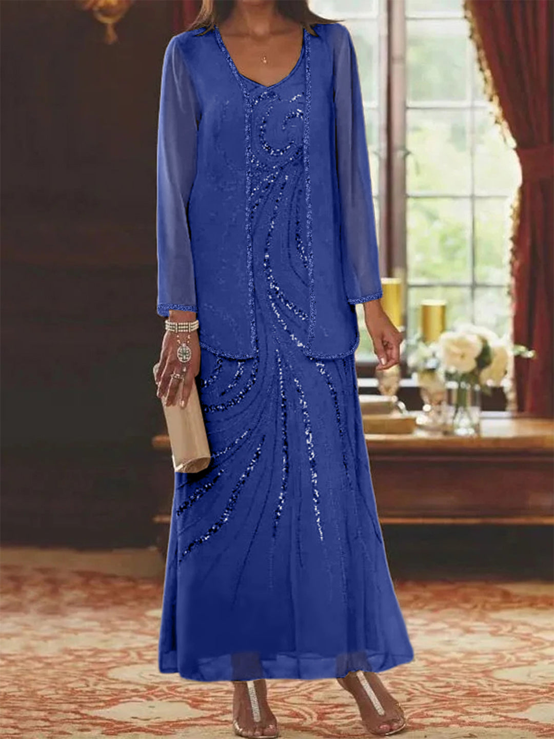 Chiffon Mother of the Bride Dress 3/4 Sleeve Wedding Guest Dress with Beadings