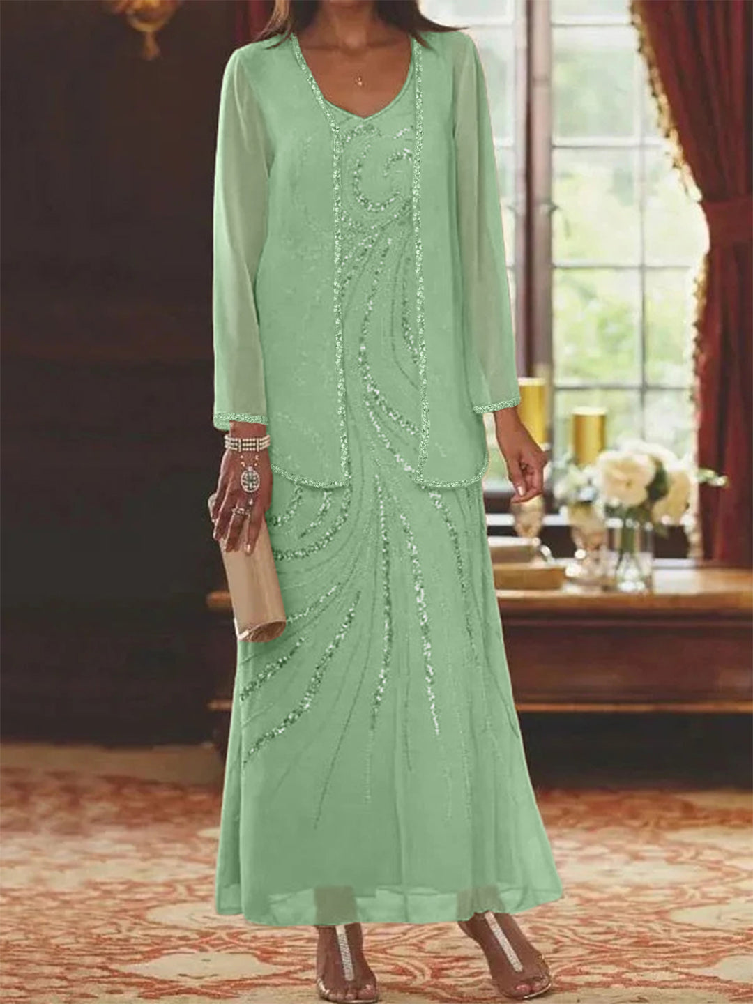 Chiffon Mother of the Bride Dress 3/4 Sleeve Wedding Guest Dress with Beadings