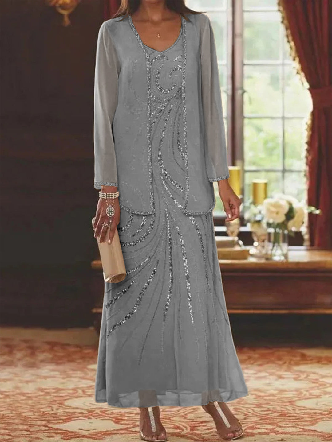 Chiffon Mother of the Bride Dress 3/4 Sleeve Wedding Guest Dress with Beadings