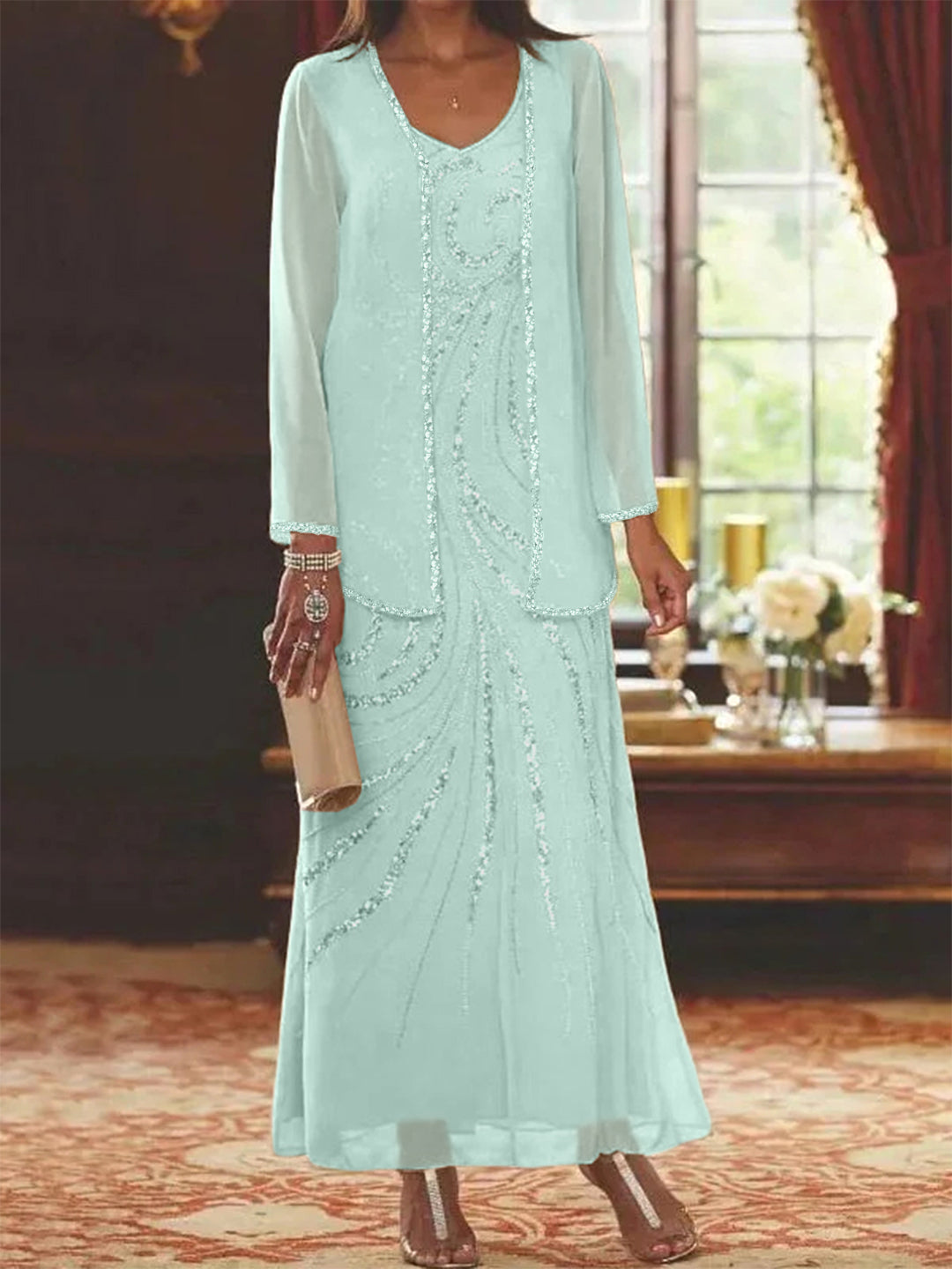 Chiffon Mother of the Bride Dress 3/4 Sleeve Wedding Guest Dress with Beadings