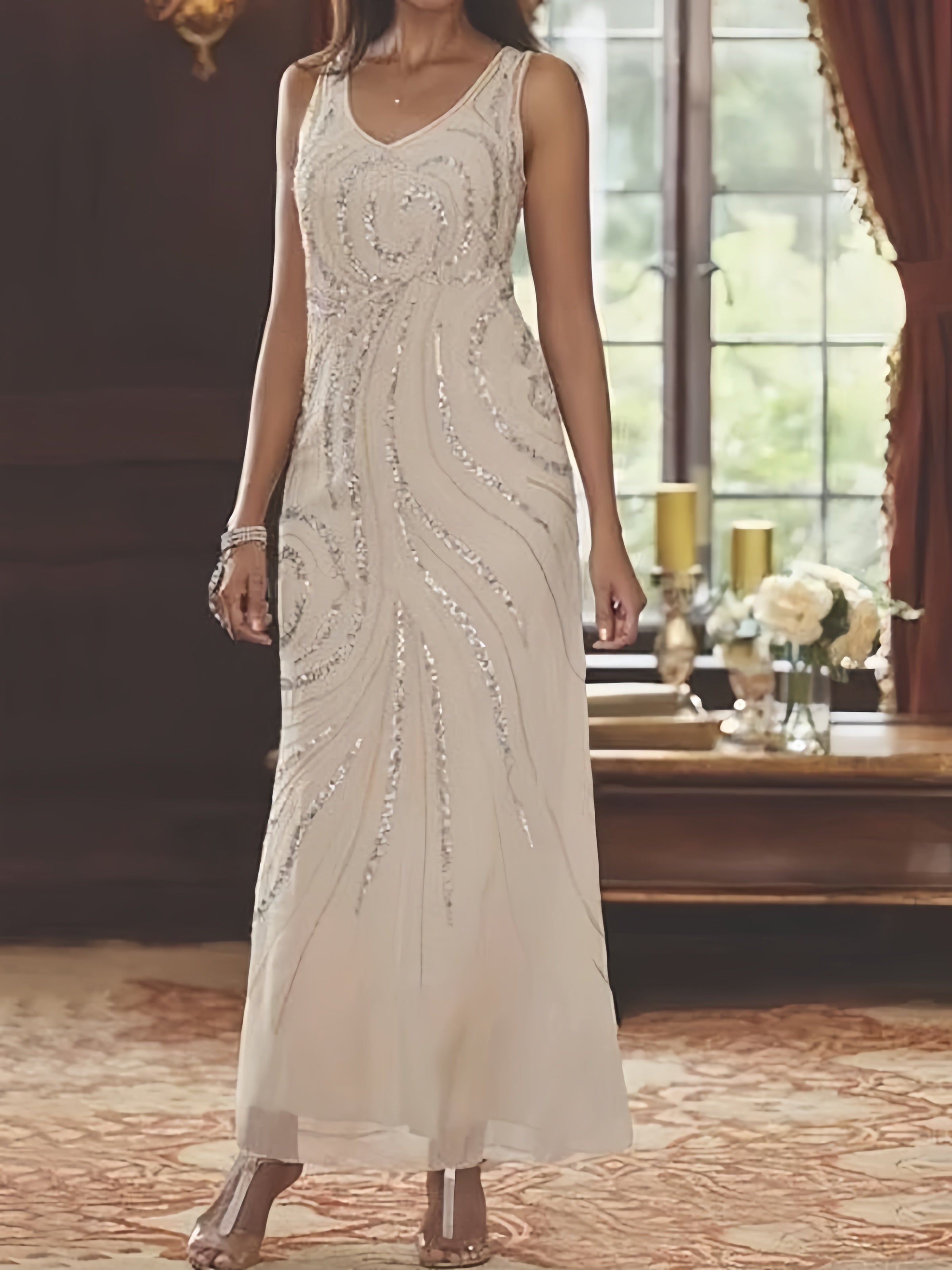 Chiffon Mother of the Bride Dress 3/4 Sleeve Wedding Guest Dress with Beadings