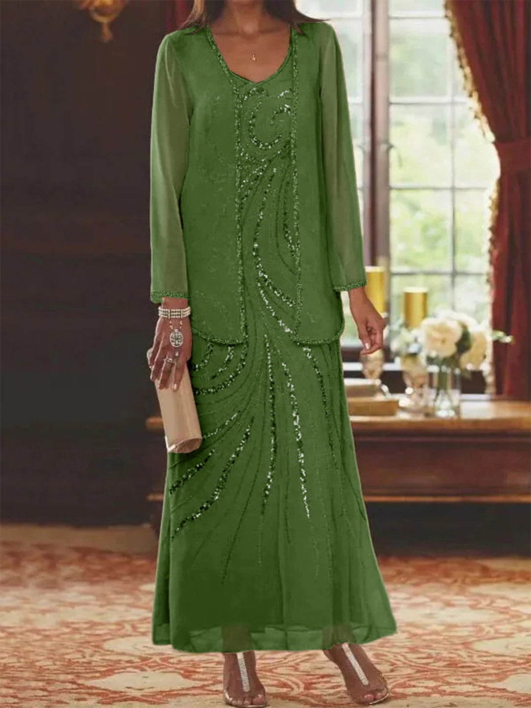 Chiffon Mother of the Bride Dress 3/4 Sleeve Wedding Guest Dress with Beadings