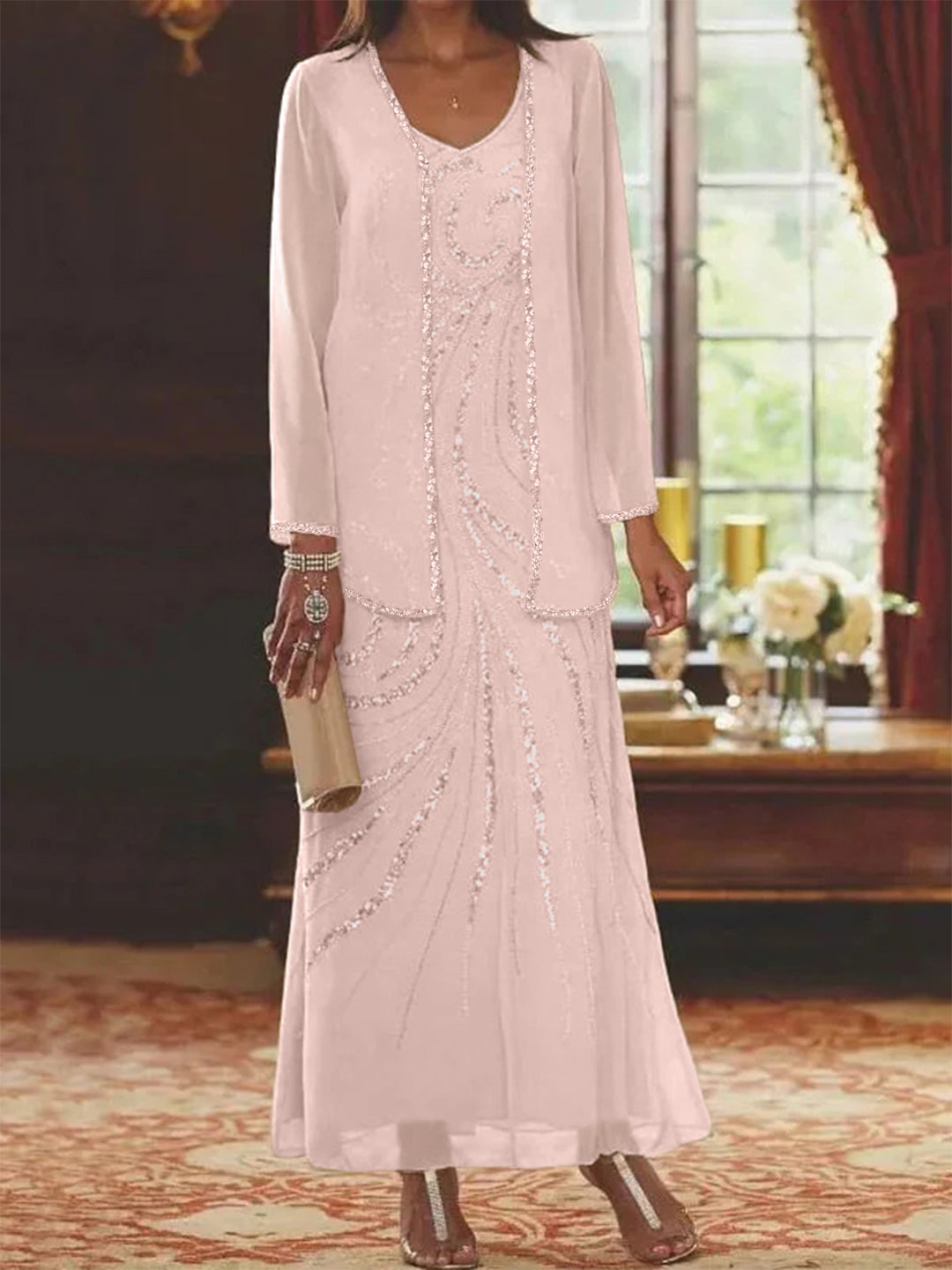 Chiffon Mother of the Bride Dress 3/4 Sleeve Wedding Guest Dress with Beadings