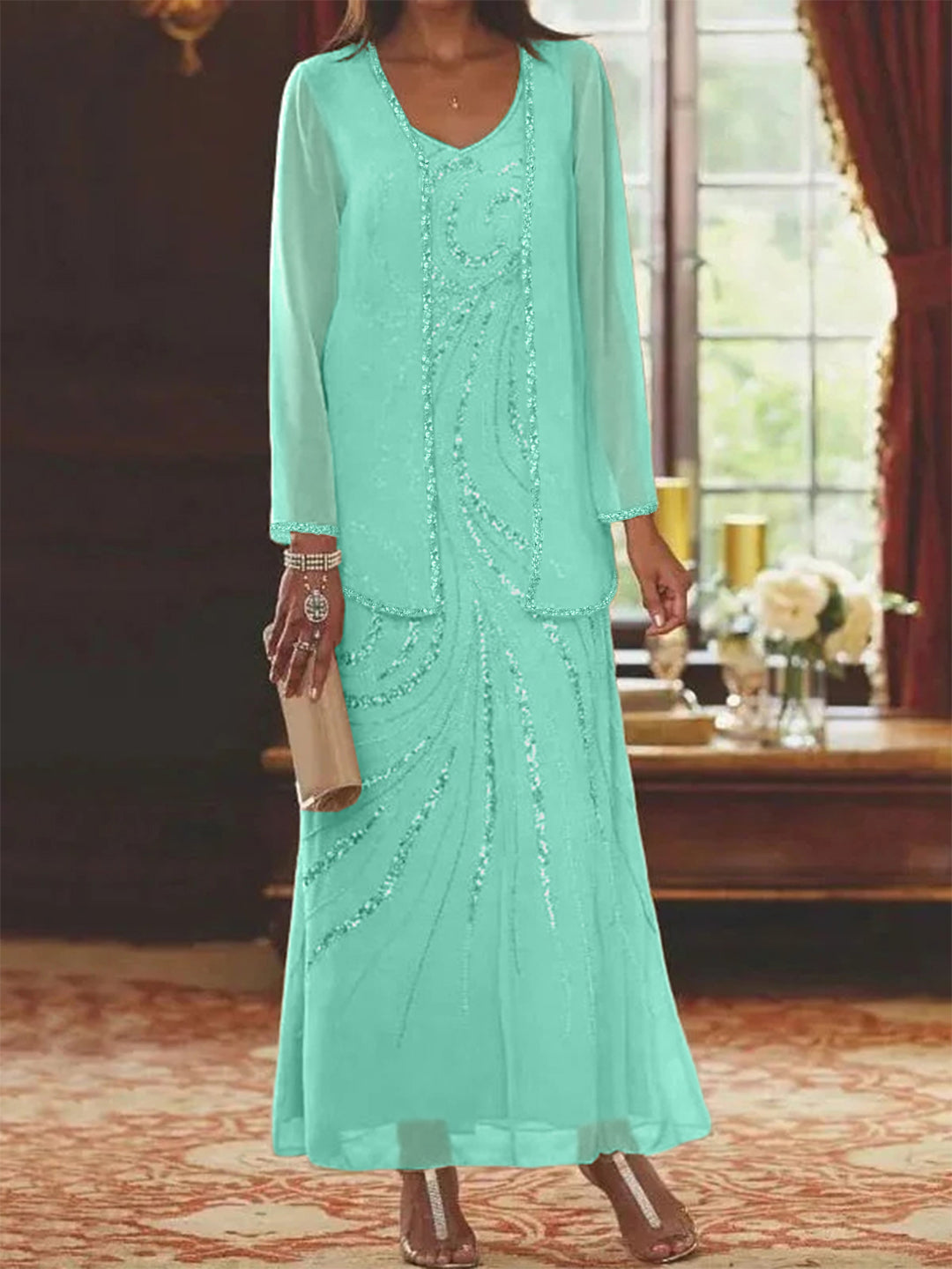 Chiffon Mother of the Bride Dress 3/4 Sleeve Wedding Guest Dress with Beadings