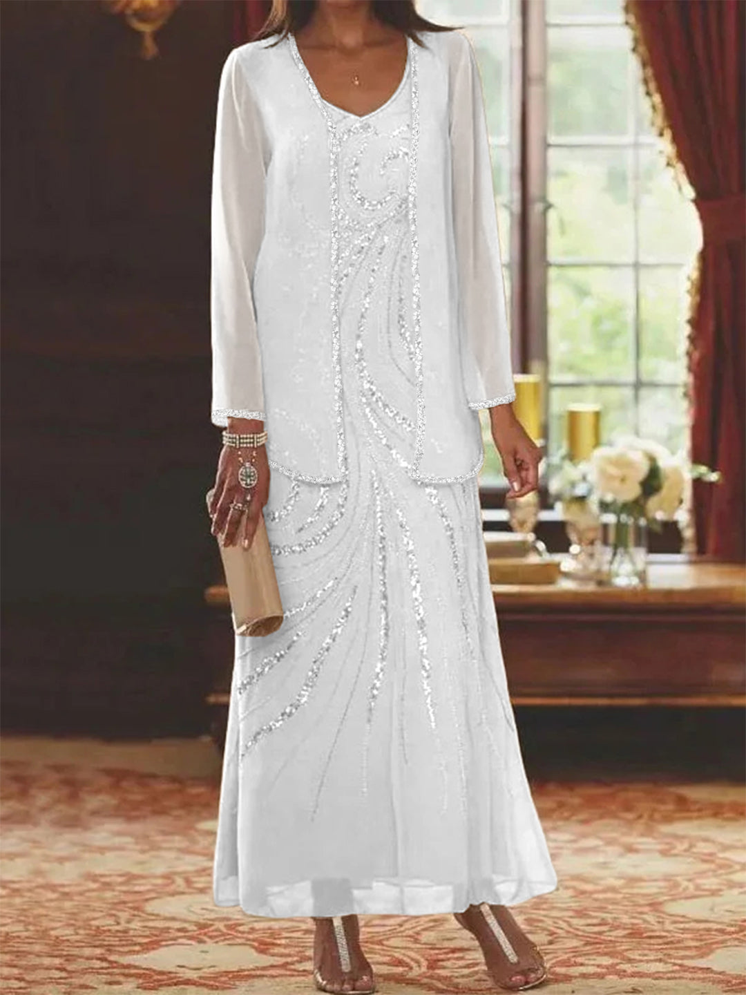 Chiffon Mother of the Bride Dress 3/4 Sleeve Wedding Guest Dress with Beadings