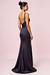 V-Neck Backless Navy Wedding Guest Dress Sheath Long Formal Dress