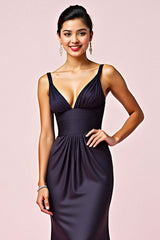 V-Neck Backless Navy Wedding Guest Dress Sheath Long Formal Dress