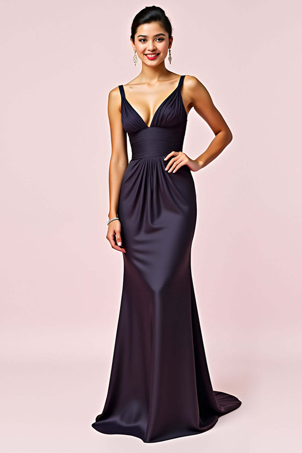 V-Neck Backless Navy Wedding Guest Dress Sheath Long Formal Dress
