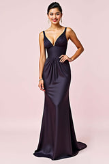 V-Neck Backless Navy Wedding Guest Dress Sheath Long Formal Dress