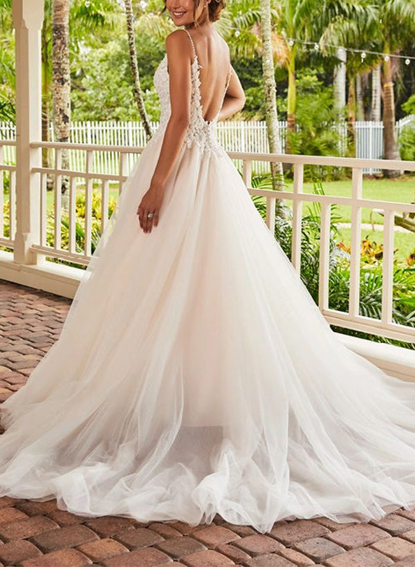 V Neck Ball Gown Wedding Dress With Lace/Tulle Sweep Train and Appliques