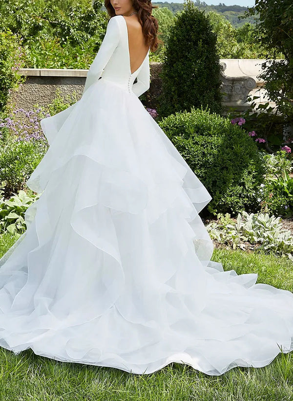 V Neck Ball Gown Wedding Dress with Long Sleeves and Cascading Ruffles in Satin/Organza