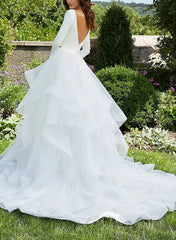 V Neck Ball Gown Wedding Dress with Long Sleeves and Cascading Ruffles in Satin/Organza