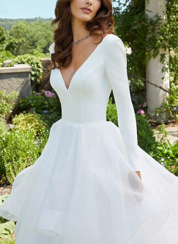 V Neck Ball Gown Wedding Dress with Long Sleeves and Cascading Ruffles in Satin/Organza