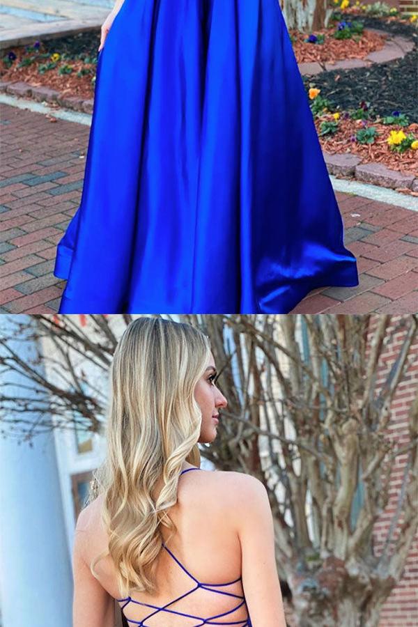 V Neck Blue Prom Dress Satin Long Formal Dress Evening Dress