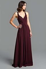 V-Neck Cabernet A Line Long Formal Dress
