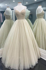 V Neck Champagne Prom Dress Tulle Long Evening Dress