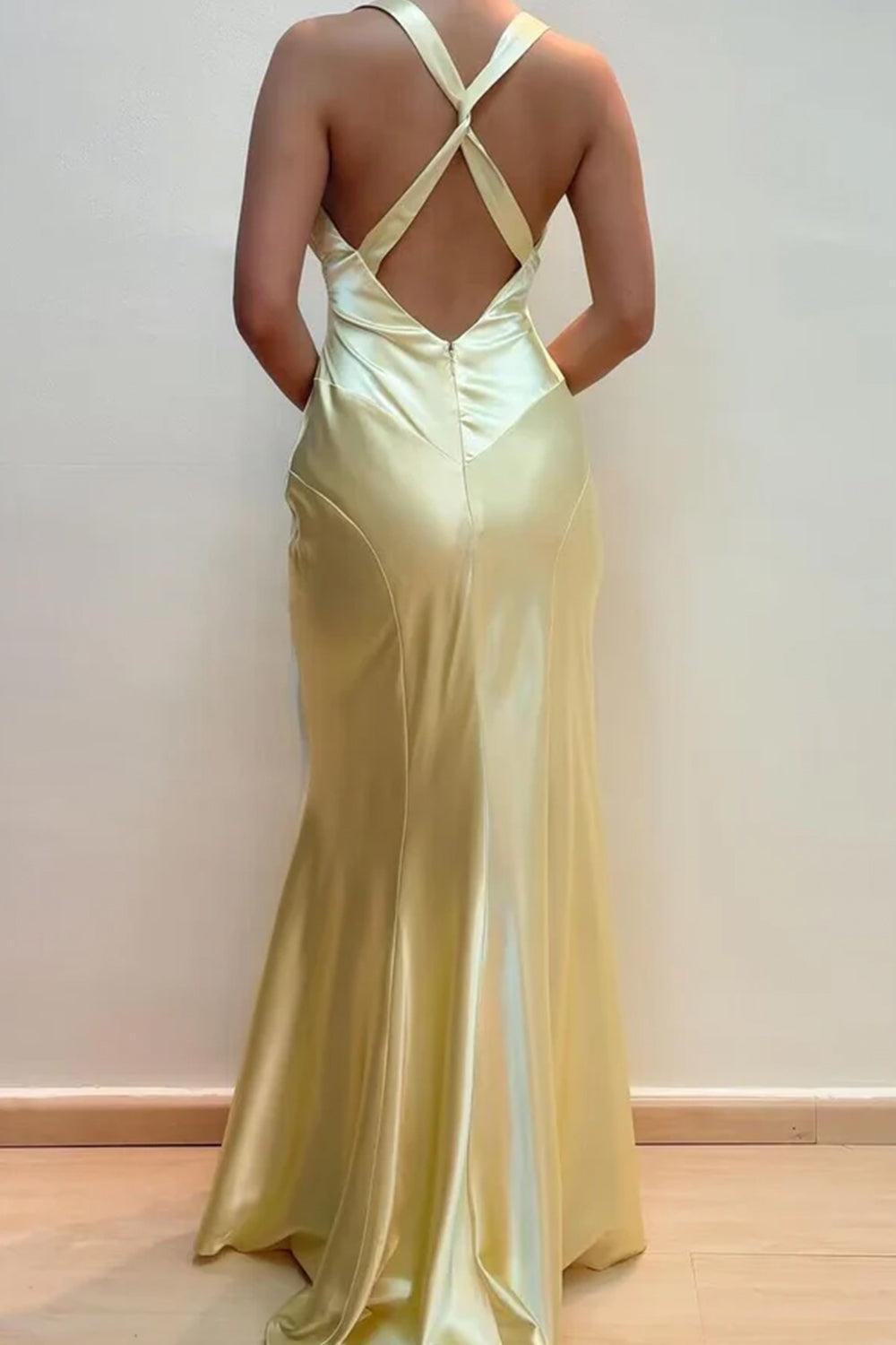 Dressystars V-Neck Cross Back Yellow Satin Prom Gown With Ruched Detailing Formal Evening Gown